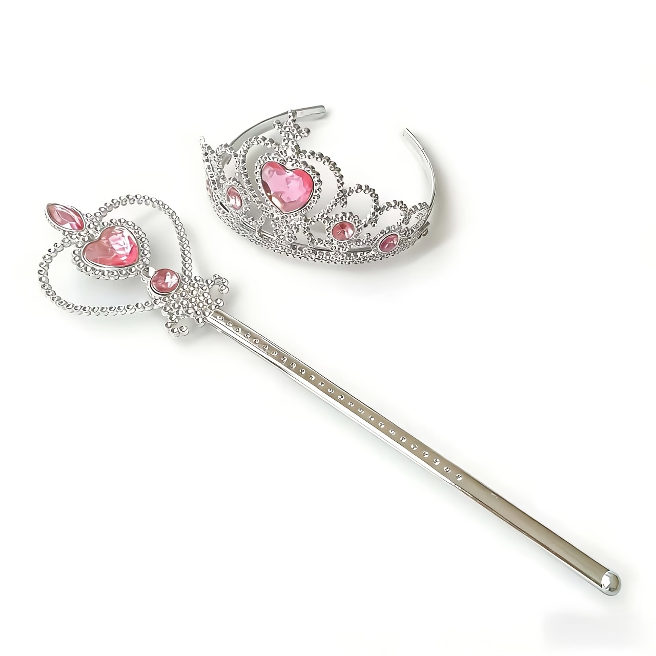TEMU 2pcs Princess Tiara & Wand Set With Heart Rhinestone Crown & Magic Wand - Sparkling Dress Up Accessories Suitable For Little, Birthday Party,