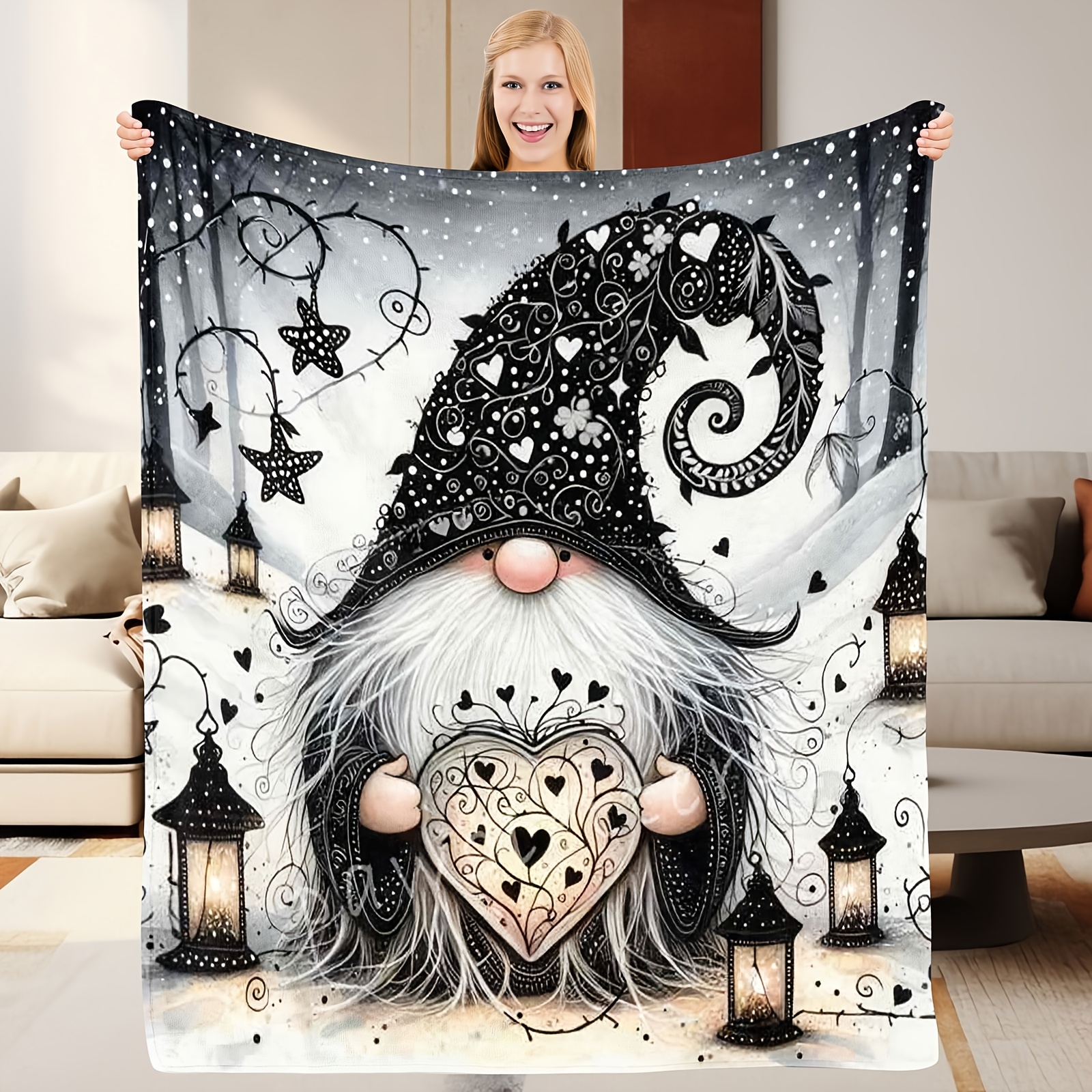 TEMU 1pc Gnome With Heart Flannel Blanket Soft Pattern Suitable For Sofa Use Halloween Christmas Room Decor Fall Decorations For Home 280gsm