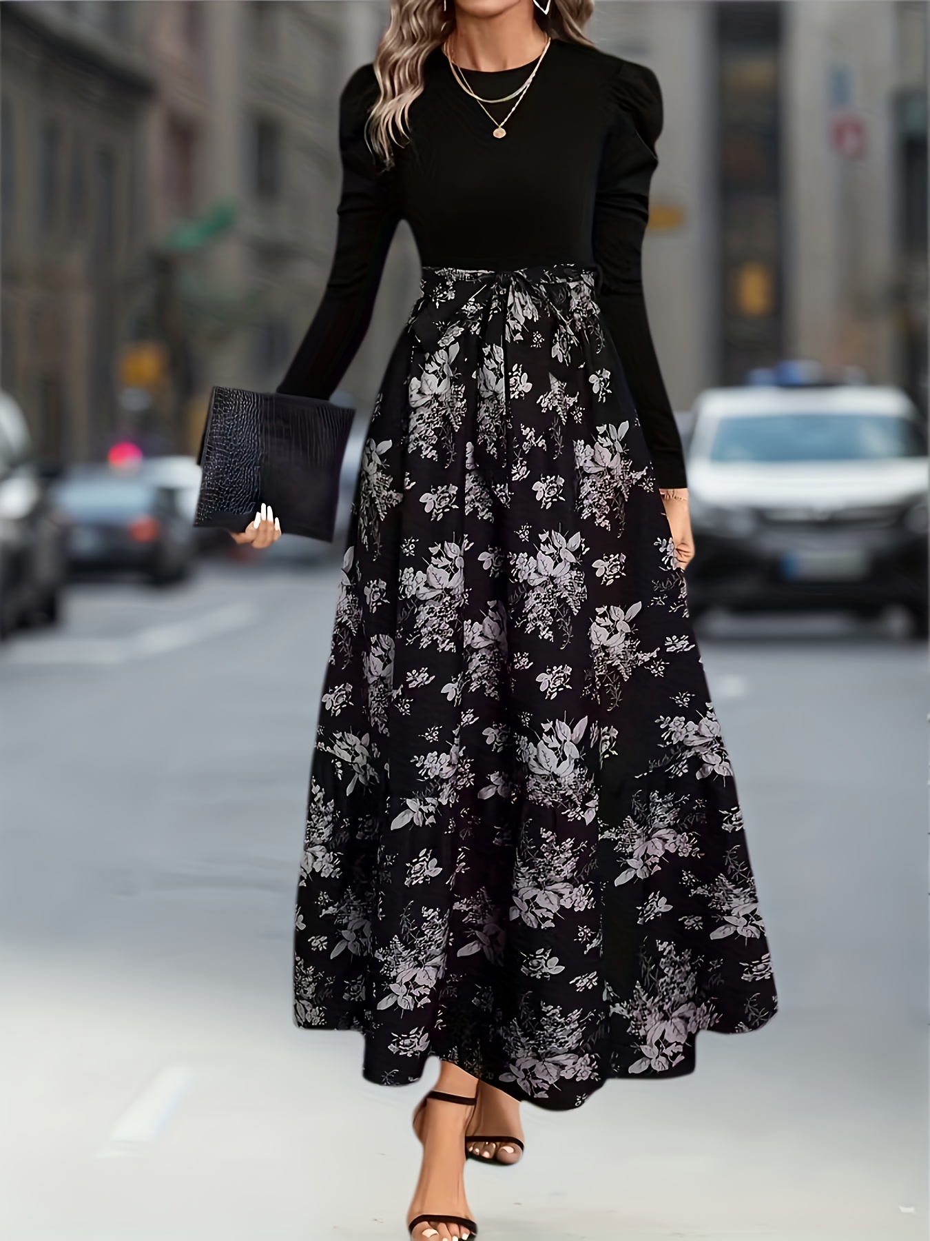 Women's Black A-Line Dress with Puff Sleeves & Purple Floral Print, Bow Tie  Waist - Maxi Dress for Wedding Guest, Party, Wedding Attire - Machine ...