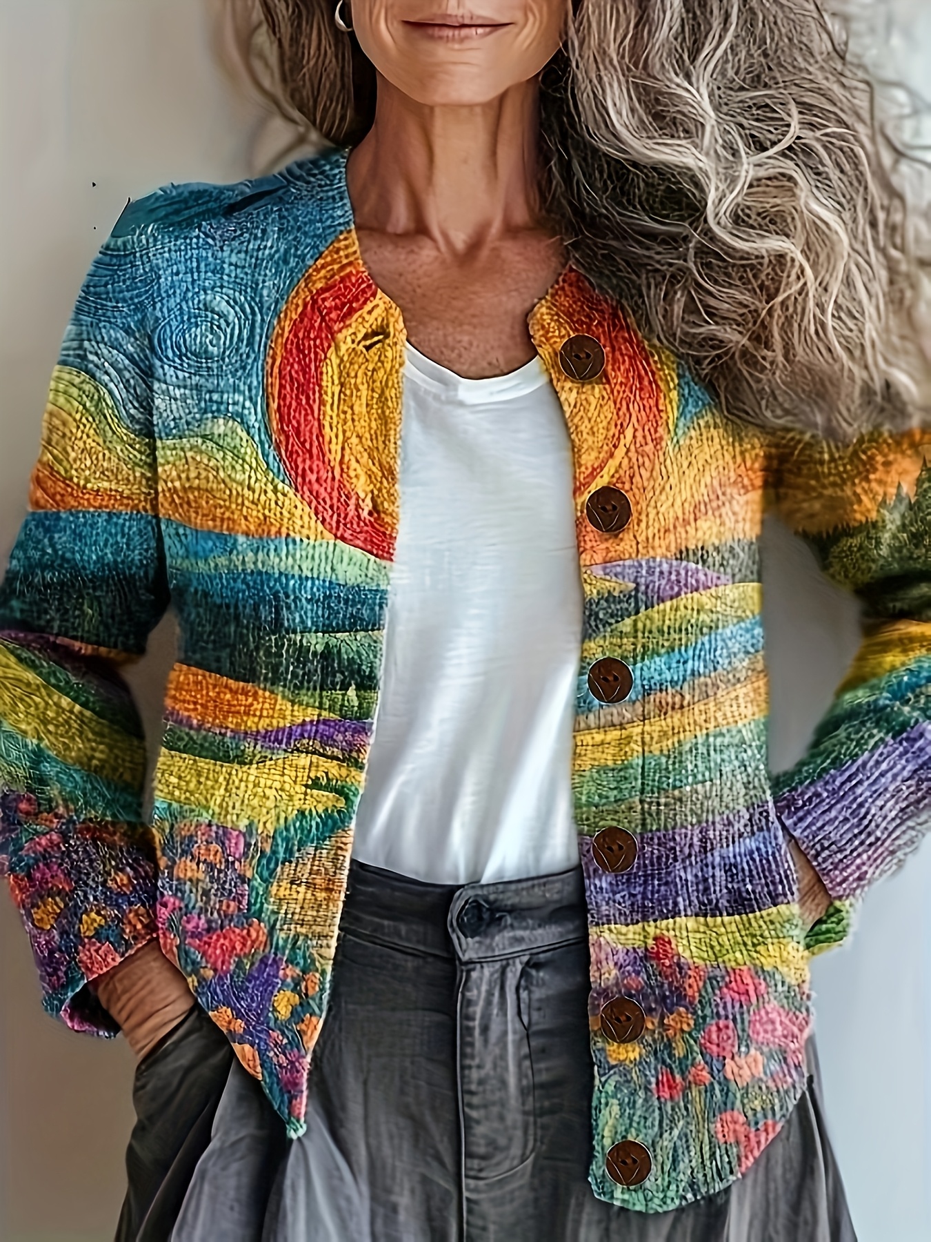 womens 3d floral print cardigan fashion button front sweater with all over multicolor pattern round neck button details hand     season layering piece cardigan sweater casual wear vibrant fashion detailed buttons mixed color 0
