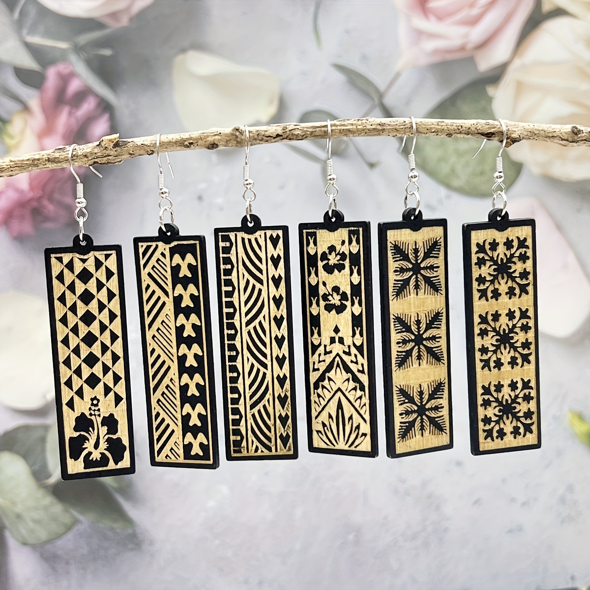 Boho Wooden Earrings Set, Vacation Style Long Carved Exaggerated Earrings