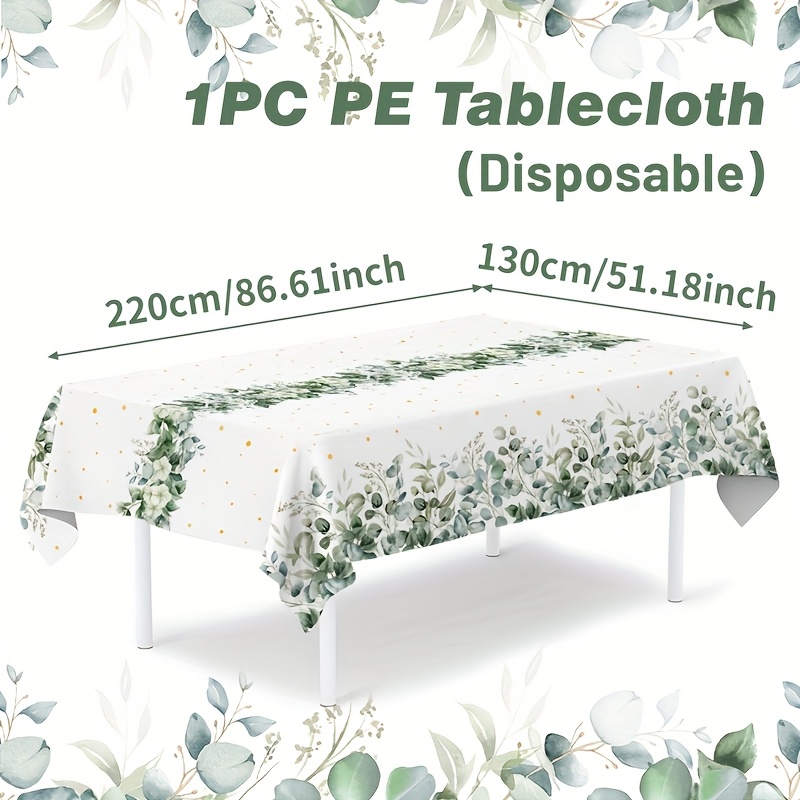 TEMU 1pc, Green Eucalyptus Leaf Disposable Pe Tablecloth, 220*130cm, Wedding Bridal Shower Party Decoration, Happy Birthday Party Supplies, Baby