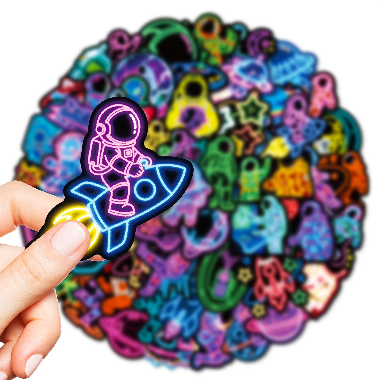 TEMU 56 Sheets Of Colorful Neon Astronaut Graffiti Stickers, Bright Colored Space Exploration Stickers, Creative Decoration, Guitar, Water Cup, Refrigerator, Notebook, Tablet Computer Stickers