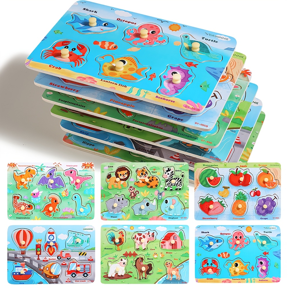 TEMU 6pcs Wooden Peg Puzzle Set, Cute Animal & Fruit Educational Toys For Kids, Hand-eye Coordination & Shape Recognition, Birthdays Party Gifts For