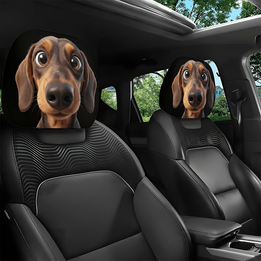 Image of 2pcs Of Dog Big- Dachshund Printed Car Headrest Covers, Without Filling Material. And Clean. Suitable For And Used For Travel Or Daily Commuting. Perfect For To Relatives .