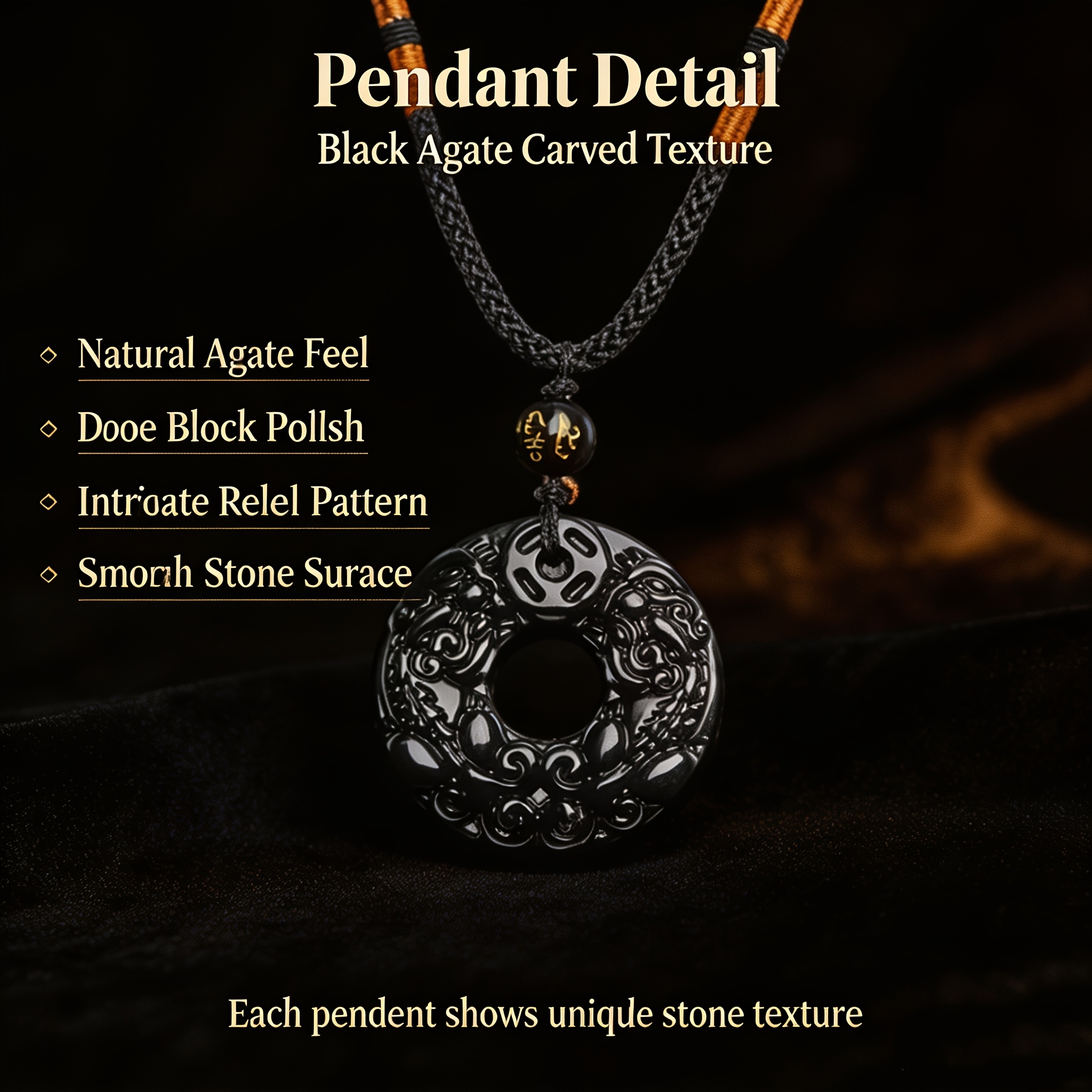 Black Agate Peace Pendant Necklace, Unisex Style