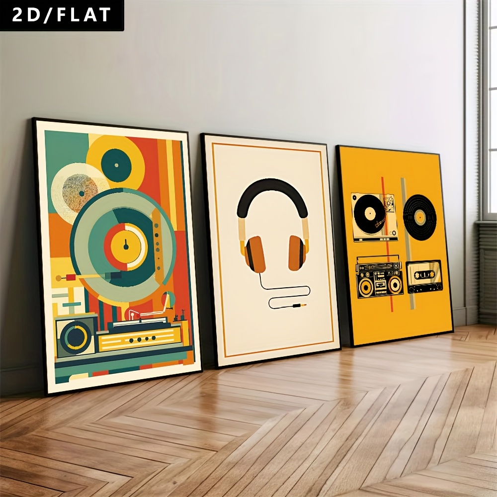 TEMU 【2D】レコードプレーヤー、ラジオ、ヘッドホン、レコード、カセットテープ、レトロな音楽要素、アートキャンバー、キャンバス絵画、、ホテル、バー、レ、カフェ、寝室、リビンに最適