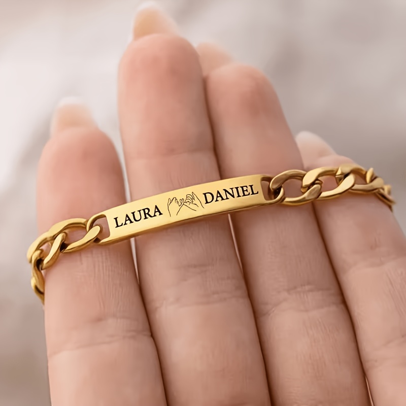 TEMU Custom Stainless Steel Women's Cuban Link Bracelet, Personalized Couple, Sister, Mother-daughter Name Engraving, Birthday And Anniversary Gift