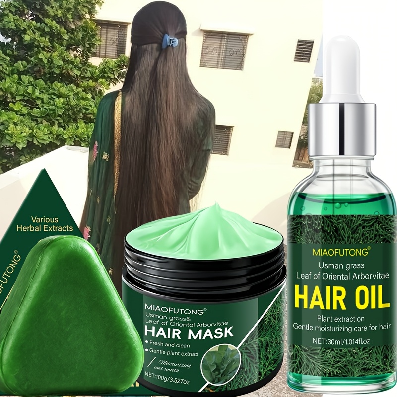 TEMU 3pcs Herbal Hair Care Set For Oily Hair And Scalp | Leaf Shampoo Bar And Conditioner And Hair Serum Oil | Sulfate-free Paraben-free -free |