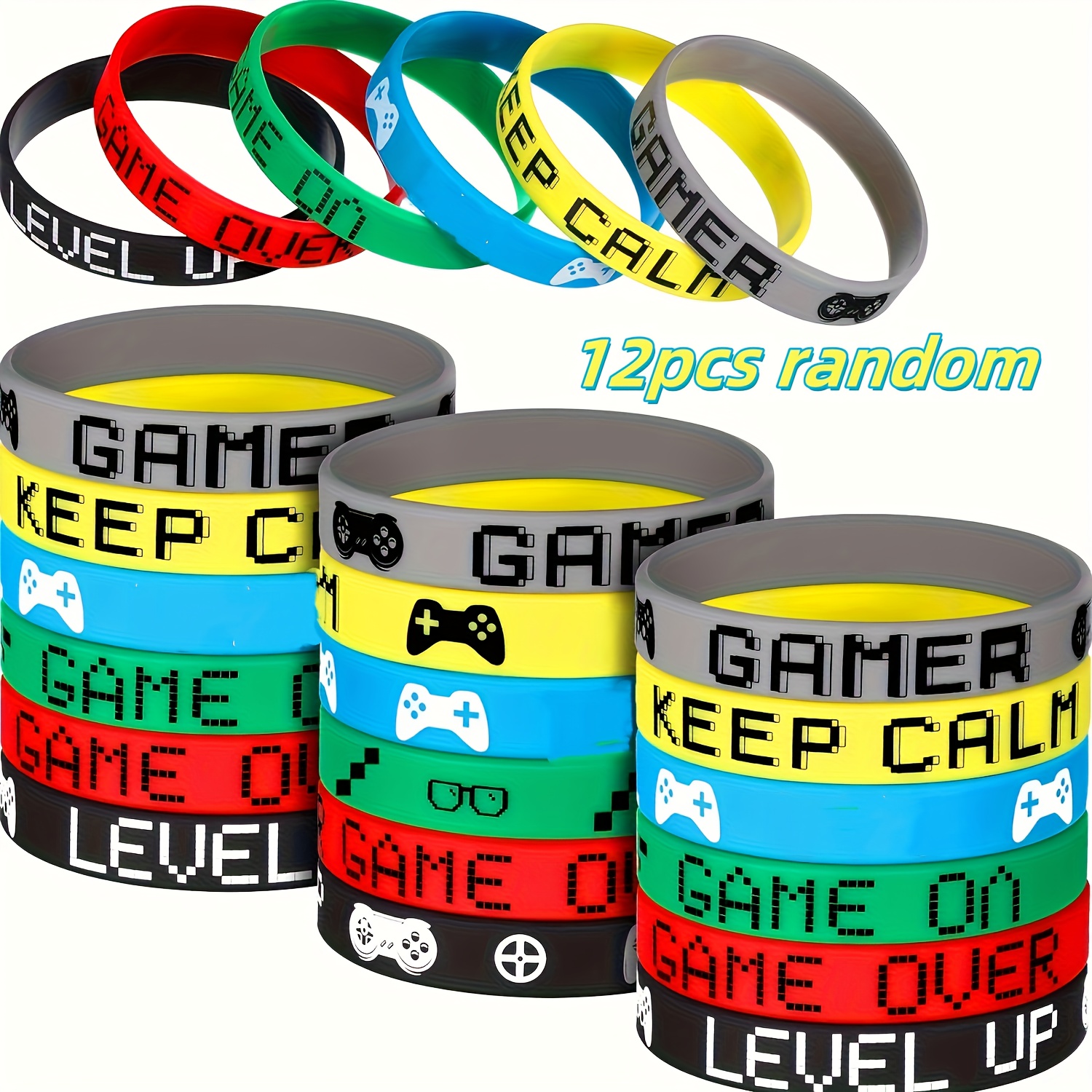 TEMU 12pcs Video Game Wristbands - Bracelets With "" & "game Over" Designs, Durable Rubber Bands For Gaming Parties, Birthday & Christmas Gifts,