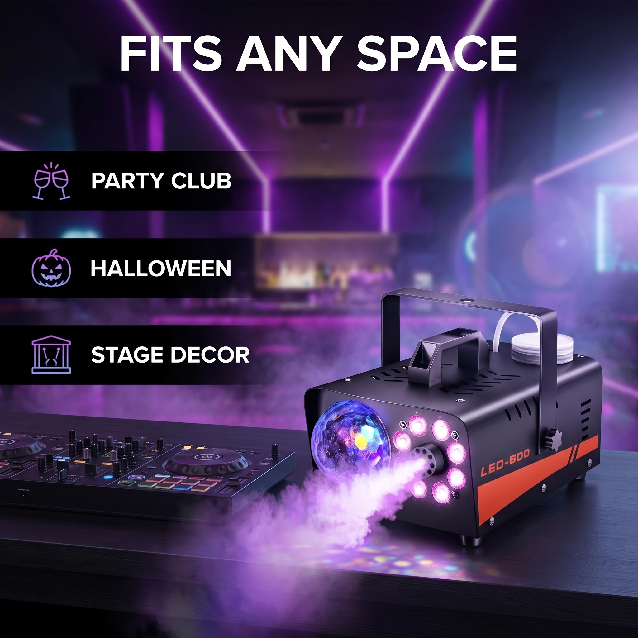 Temu: Smoke Machine Fog Machine With Disco Ball Lights 600w And 3000cfm With 13 Colorful Led Lights Effect Wireless Remote Control Suitable For Parties Weddings Halloween And Dj Indoor
