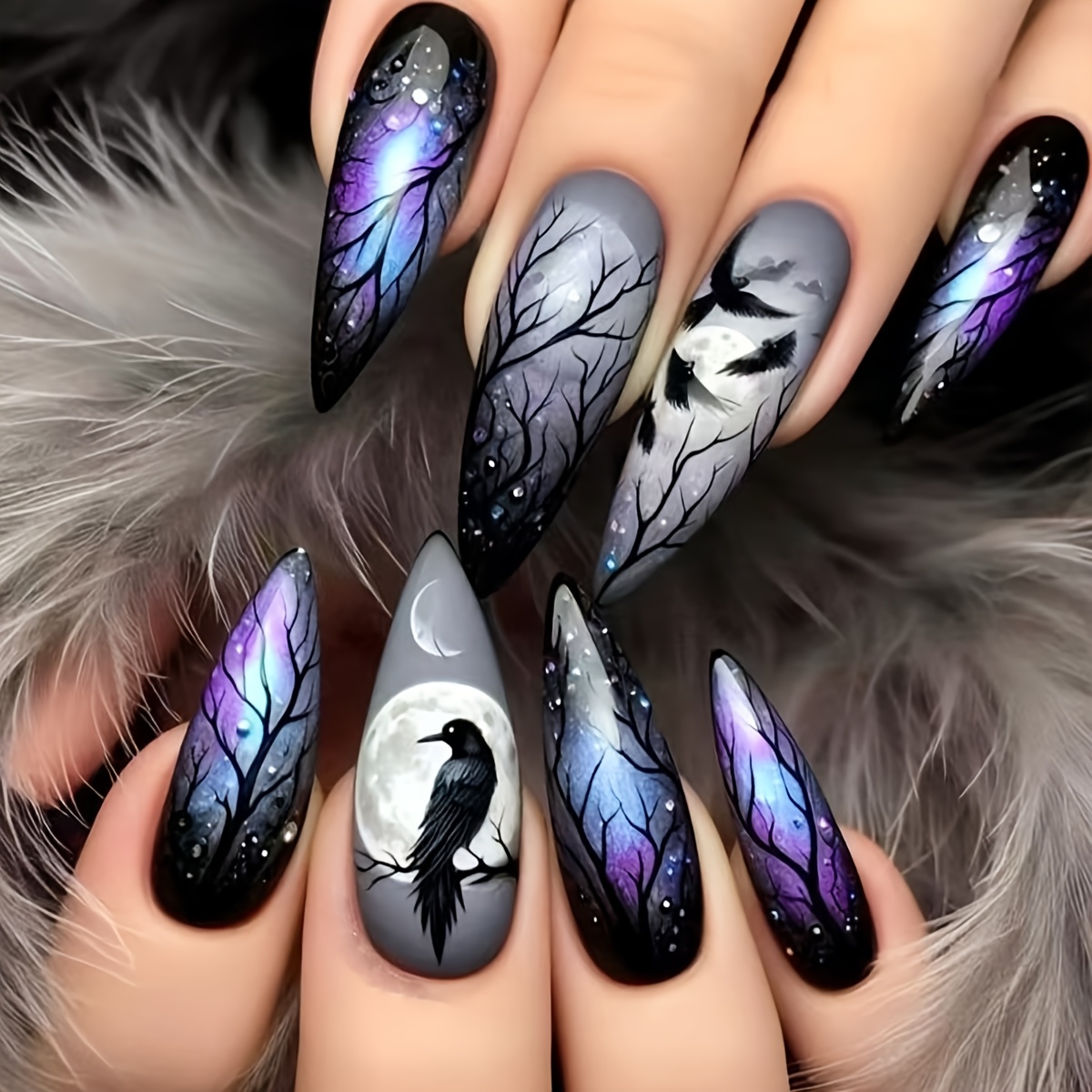 

24pcs Of Removable Long Purple Crow Shadow Fake Nails For Stylish .