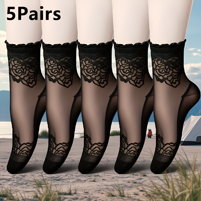 TEMU 5 Pairs Women's Transparent Lace Boat Socks - Thin Non-slip Breathable Short Ankle Socks Suitable For Sneakers,, Athletic, Casual Attire,