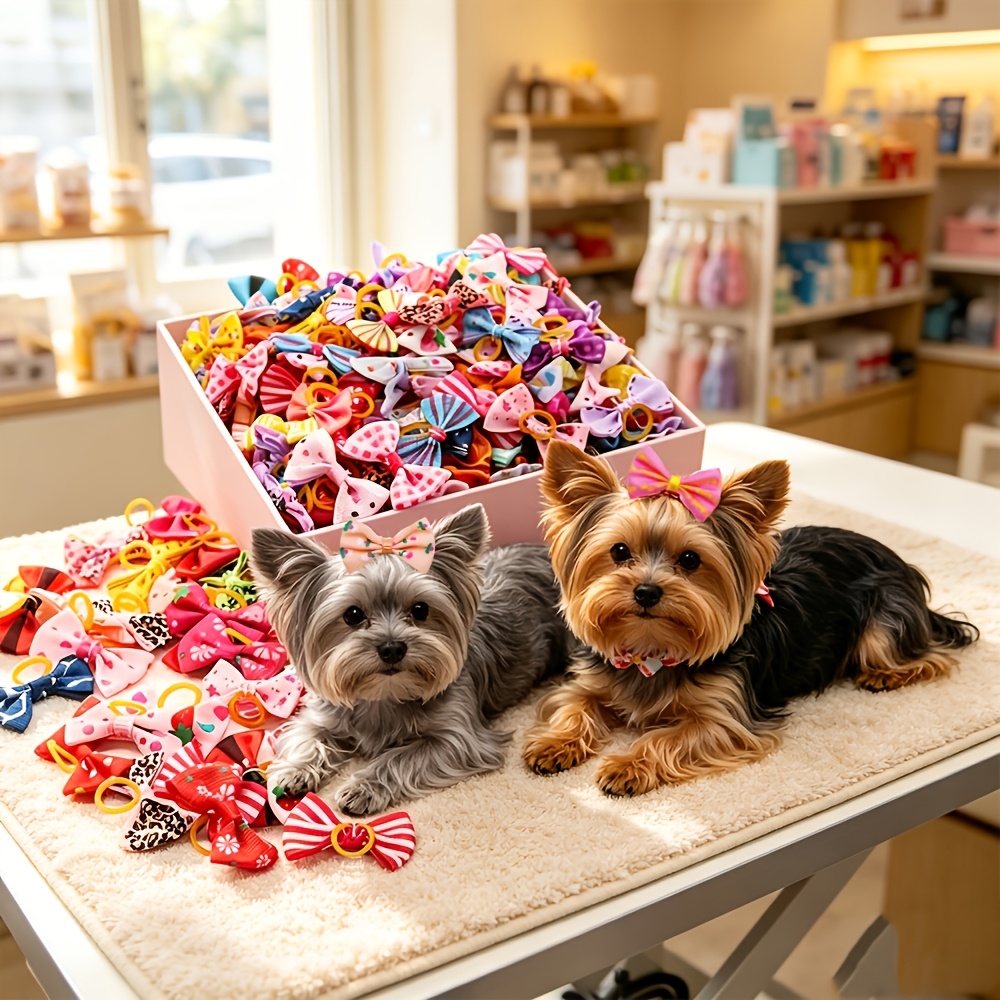 TEMU 120pcs Exquisite Small Bow Pet Dog Headwear, Elastic, Assorted Styles Mixed For Maltese Yorkshire Beauty Headwear Accessories, Halloween