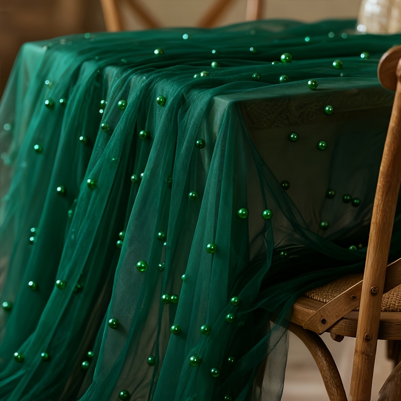 TEMU 1pc Of Wine Red/dark Green Lace Pearl Table Runner, Extra-long 16.4 Feet Transparent Tulle, Suitable For Bridal Party Decorations, Bohemian