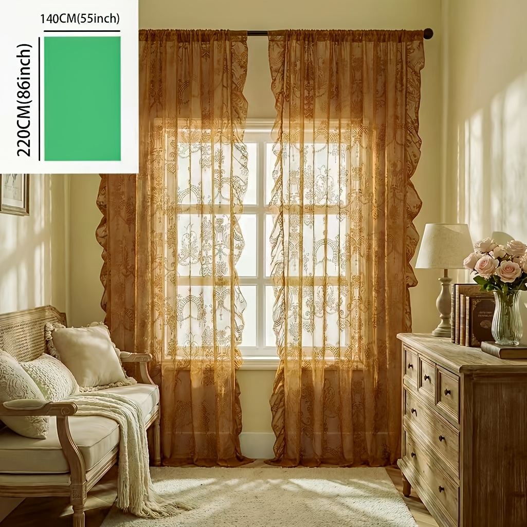 TEMU 1 rideau à barre en dentelle à volants, style crème, transparent, non transparent, pour salon ou chambre à coucher, motif floral européen