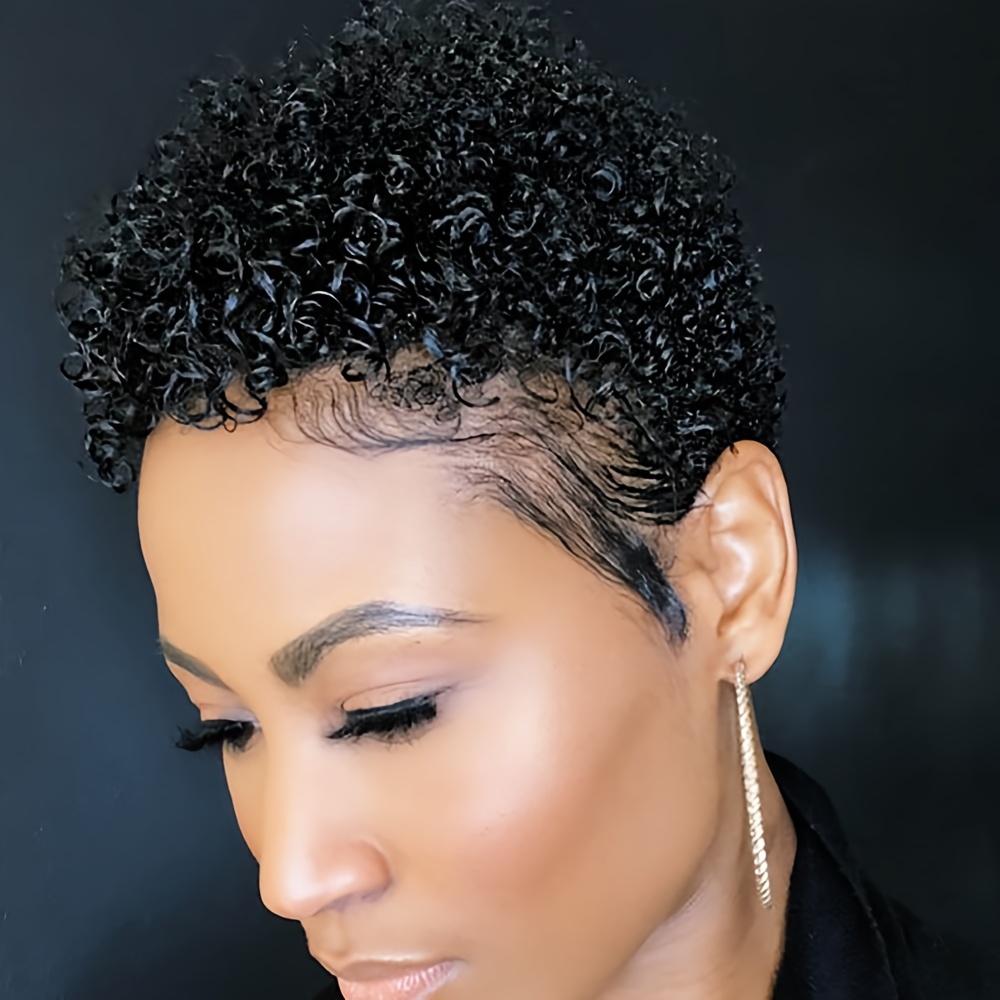 TEMU Elegant Black Short Curly Wig For Women - Kinky Afro Style, 120% Density Synthetic Hair, Halloween, Christmas & Music Festivals