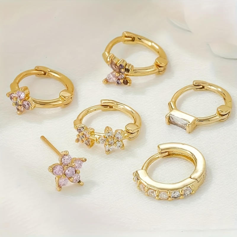 TEMU 1 Paquete de 6 Pendientes de Botón de Personalidad de Metal de Cobre con Circonita para Mujeres, Ajuste Diario para Citas de Vacaciones, Joyería