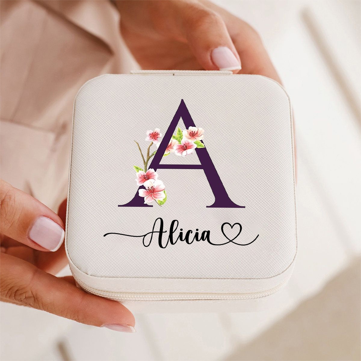 TEMU 1pc Personalized Cherry Letter Design Jewelry Box, Organizer For Rings, Necklaces, And Earrings, Soft Faux Leather With Fluffy Interior, Ideal