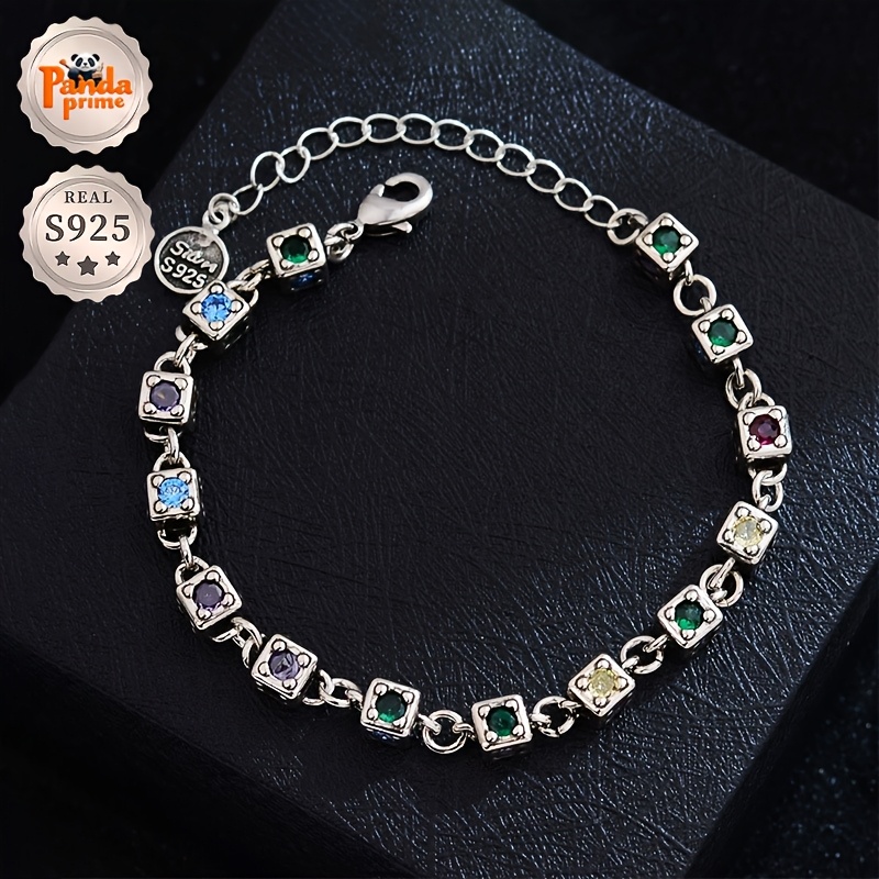TEMU 925 Silver Bracelet | Stylish Rainbow Inlaid Dice Bracelet | Everyday Wear Party Outfit | Valentine's Day, Graduation Gift | Universal | A Gift