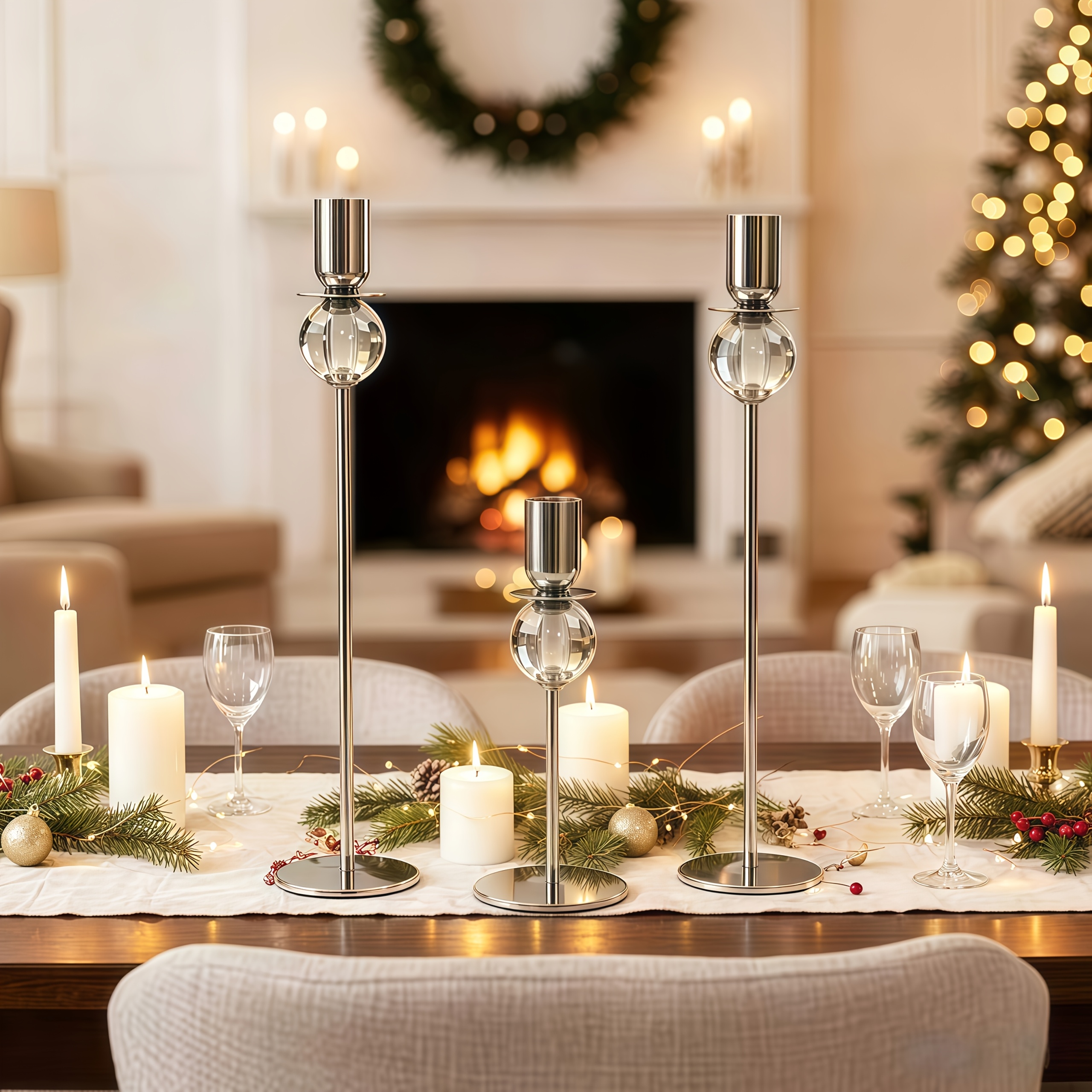 3pcs Crystal Taper Candle Holder - Silvery Metal Candlestick with Glass Ball, Modern Tall And Short Candle Holders for Wedding, Dining Room, Living Room, Home Decor, Wedding Table Centerpieces, Dining Table, Family Party Decorations