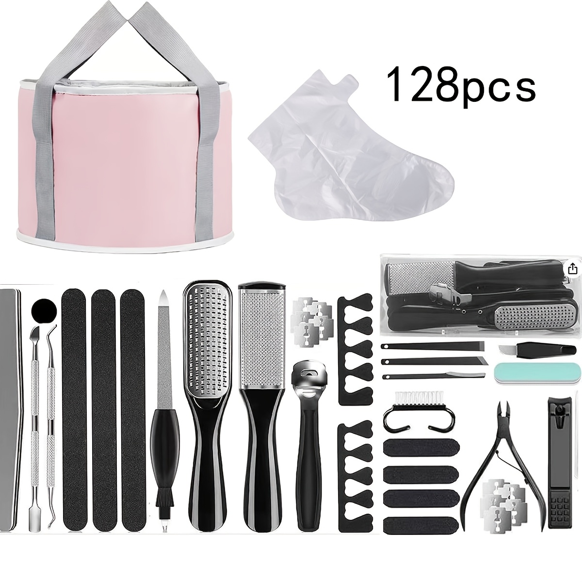 128pcs Of Foot Care Tools, 100 Disposable +27 Pedicure 1 Portable Foldable Travel Foot Bath Bucket, Foot Dead Light Beige Removal And Maintenance Tools