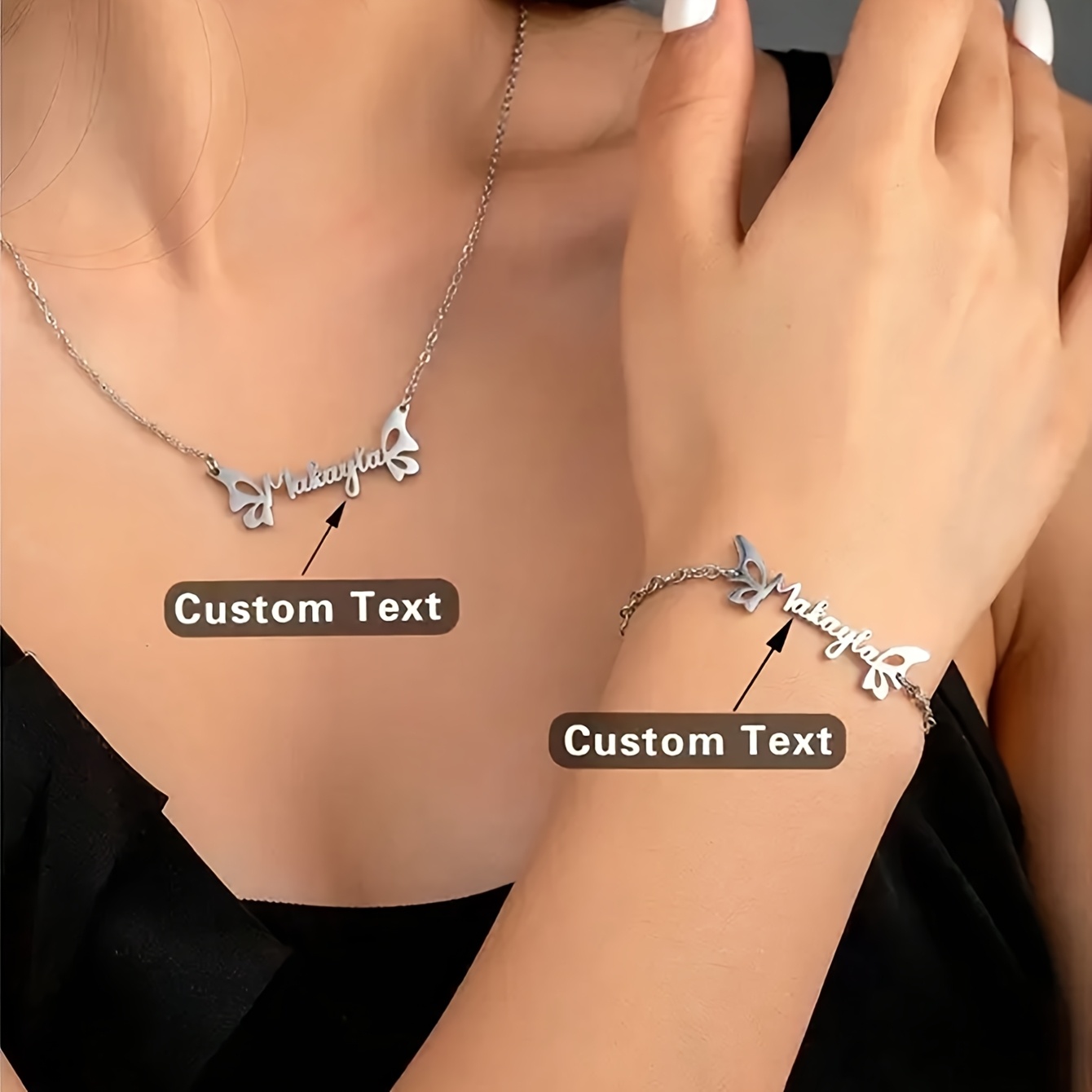 TEMU Custom 1/2pcs Personalized Stainless Steel Bow Necklace And Bracelet Set, Customizable With English Names, 18k Gold Plated, For Valentine's Day