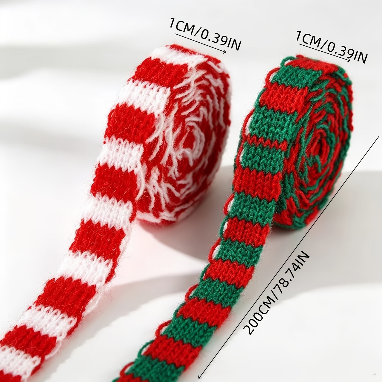 TEMU 2 Rolls Christmas Knitted Striped Ribbons, Red White Checkered Yarn Sashes, Gift Box Packaging For Christmas Tree Bow Decoration Satin Ribbon,