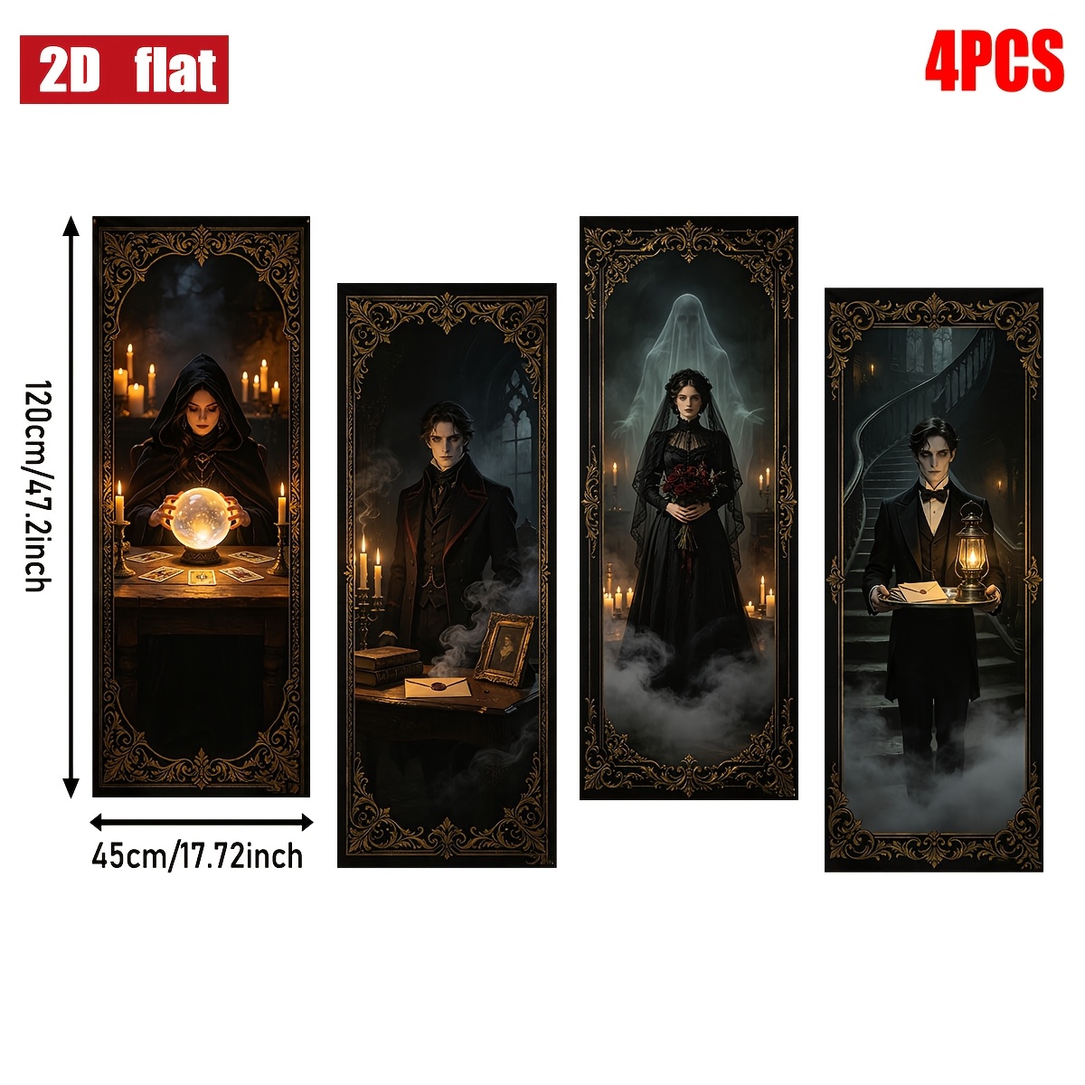 TEMU 2d Flat, 2d Flat 4pcs Dark Gothic Vampire Portrait Halloween Banner, Vertical Wall Hanging Sign, Vintage Crystal Ball Witch Castle Pattern,