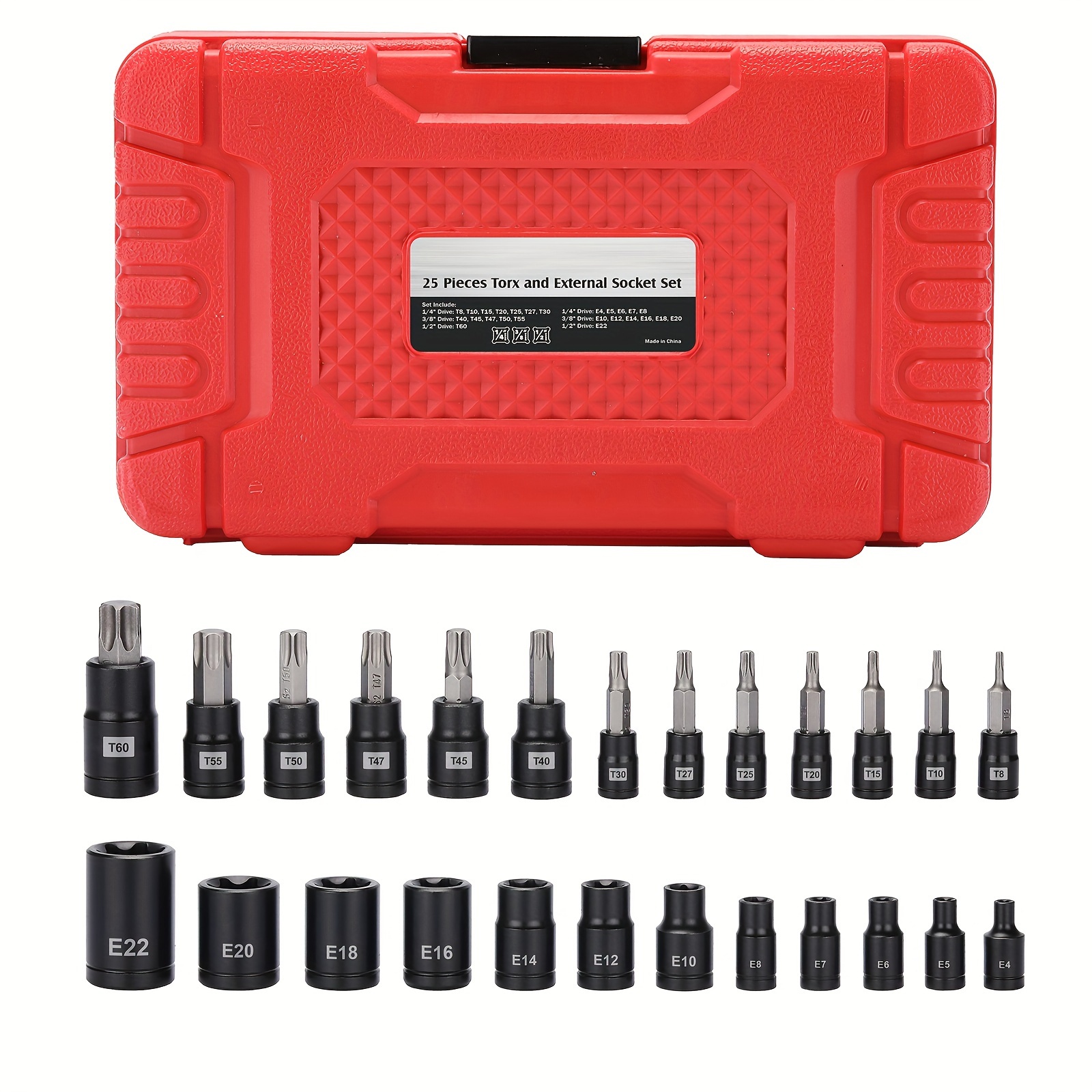 

25pcs 1/4", 3/8", 1/2" Drive Torx Bit And External Star Socket Set, 12 Female E-torx Sockets And 13 Star Socket Bits, T8-t60, E4-e22