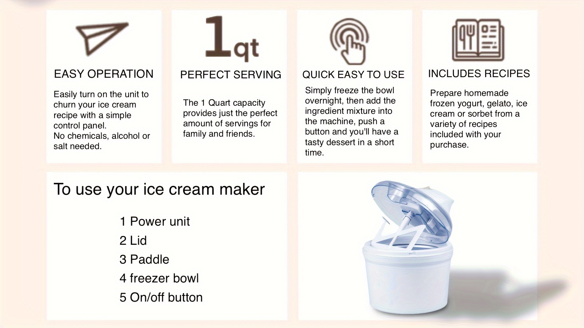 bl 1200 1 5 qt freezer bowl automatic diy easy homemade electric ice cream maker ingredient chute on off switch   needed creamy ice cream gelato   yogurt sorbet recipe book details 1