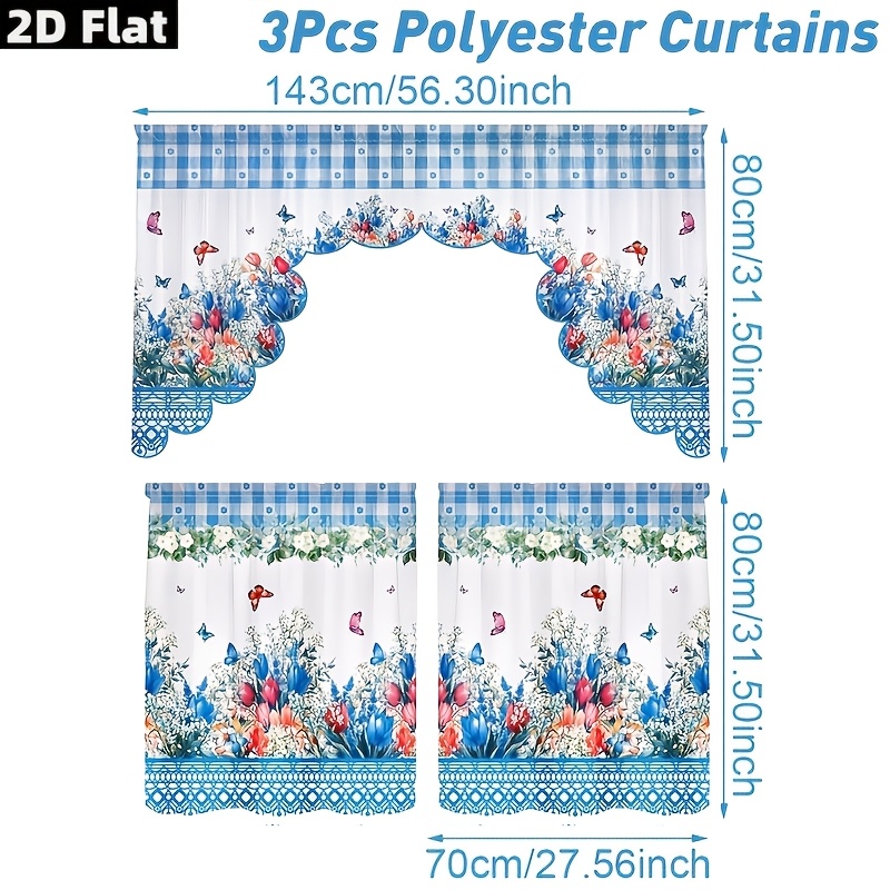 TEMU 2d Flat Banner, Fiber Material 3pcs Set Of Tulip Curtains, Pattern Window Decor, Spring Party Hanging Short Curtains, Suitable For Kitchen