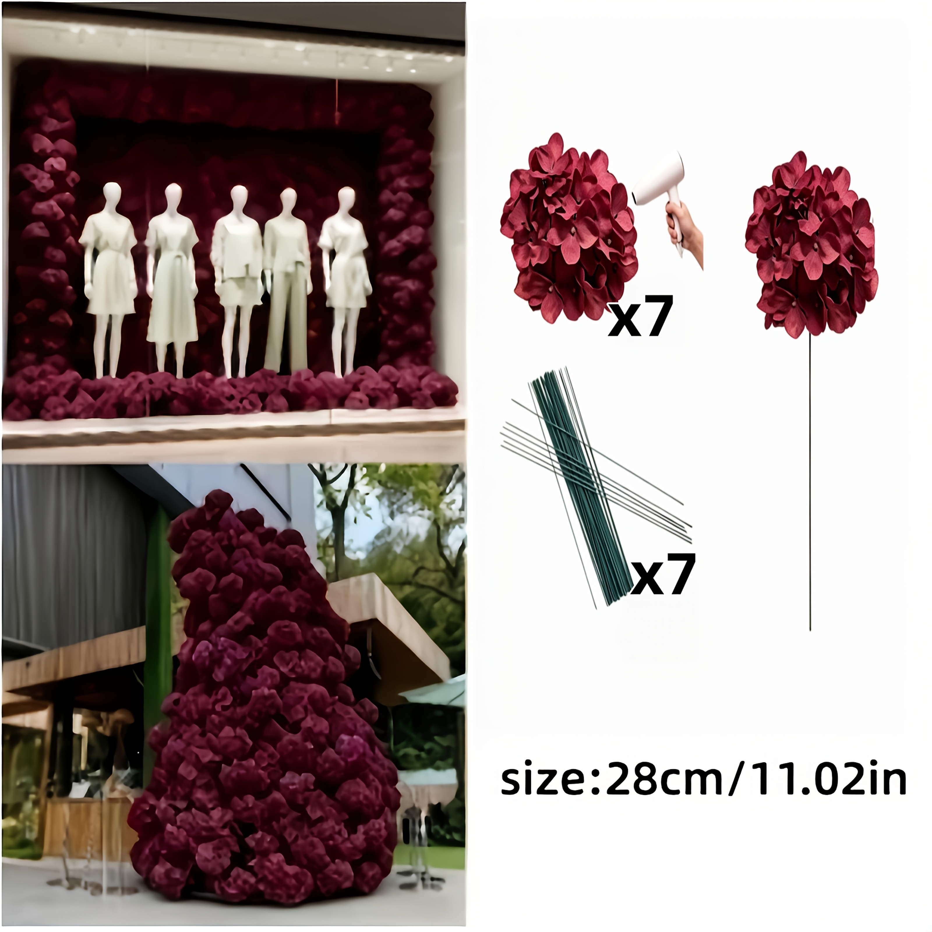 TEMU 14 piezas de flores de hortensia artificiales de lujo en color borgoña para , 7 cabezas de flor + 7 con de alambre | Adecuadas para temporada de