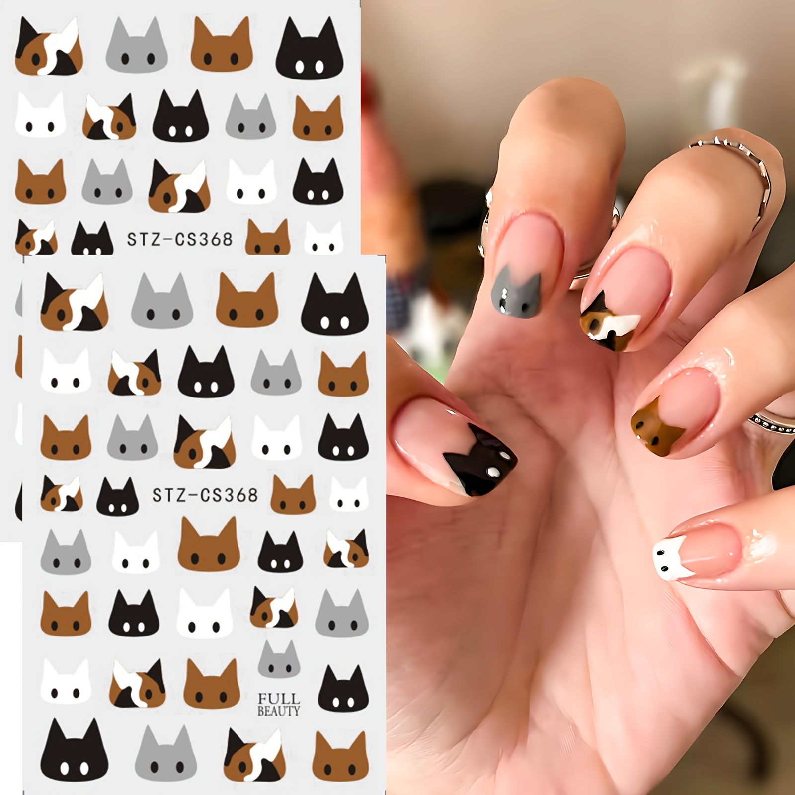 Image of 2pcs Cartoon Cute Cat Head Nail Stickers Lovely Cat Black White Gray Brown Kitty Face Simple Animal Y2k Nail Art Decals Nail Supplies Diy Holiday Party Nail Charms Decorations