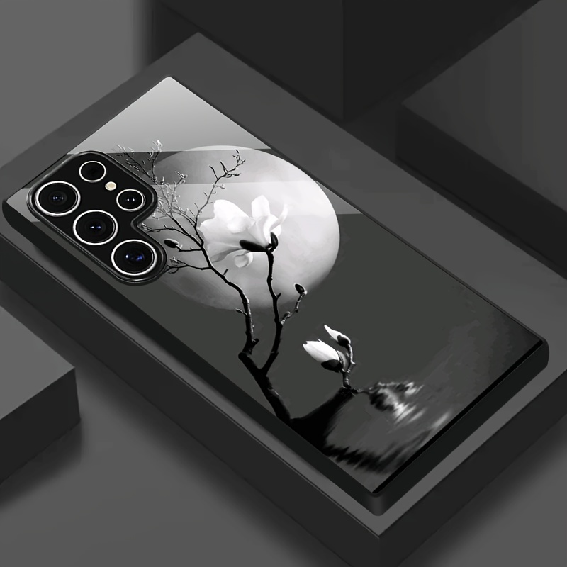 TEMU Phone Case - Magnolia And Pattern Tempered Glass Black Phone Case For Galaxy