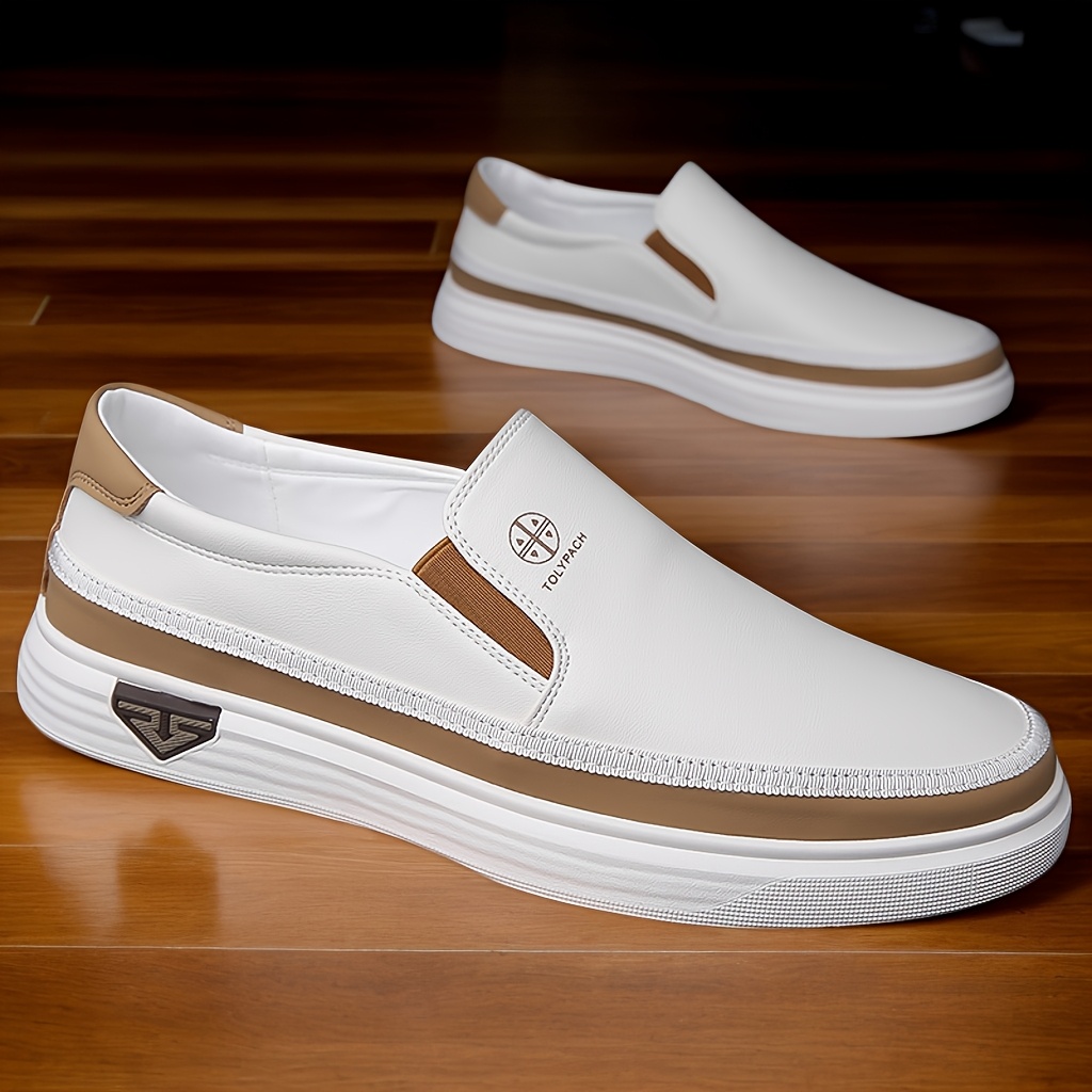 Men's Casual Slip-On Loafers - Soft Leather Upper, Comfortable & Durable, Non-Slip Rubber Sole, White with Brown Accents, Full Size Range for Casual Attire, Street Style, and Commuting, Commuting Loafers | Minimalist Loafers | Durable Construction
