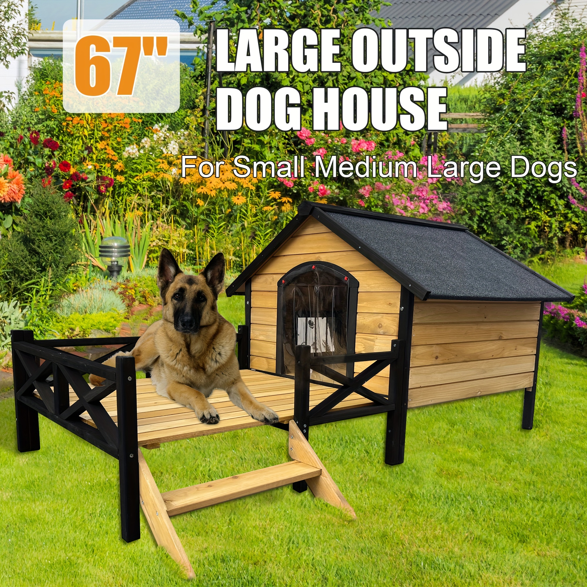 

Large Outdoor Dog House, Insulated Kennel Wood Dog House For Small Medium Dogs Indoor Outdoor Weather & Water Resistant Pet Crate With Curtains Window Sand Elevated Floor With Openable Roof