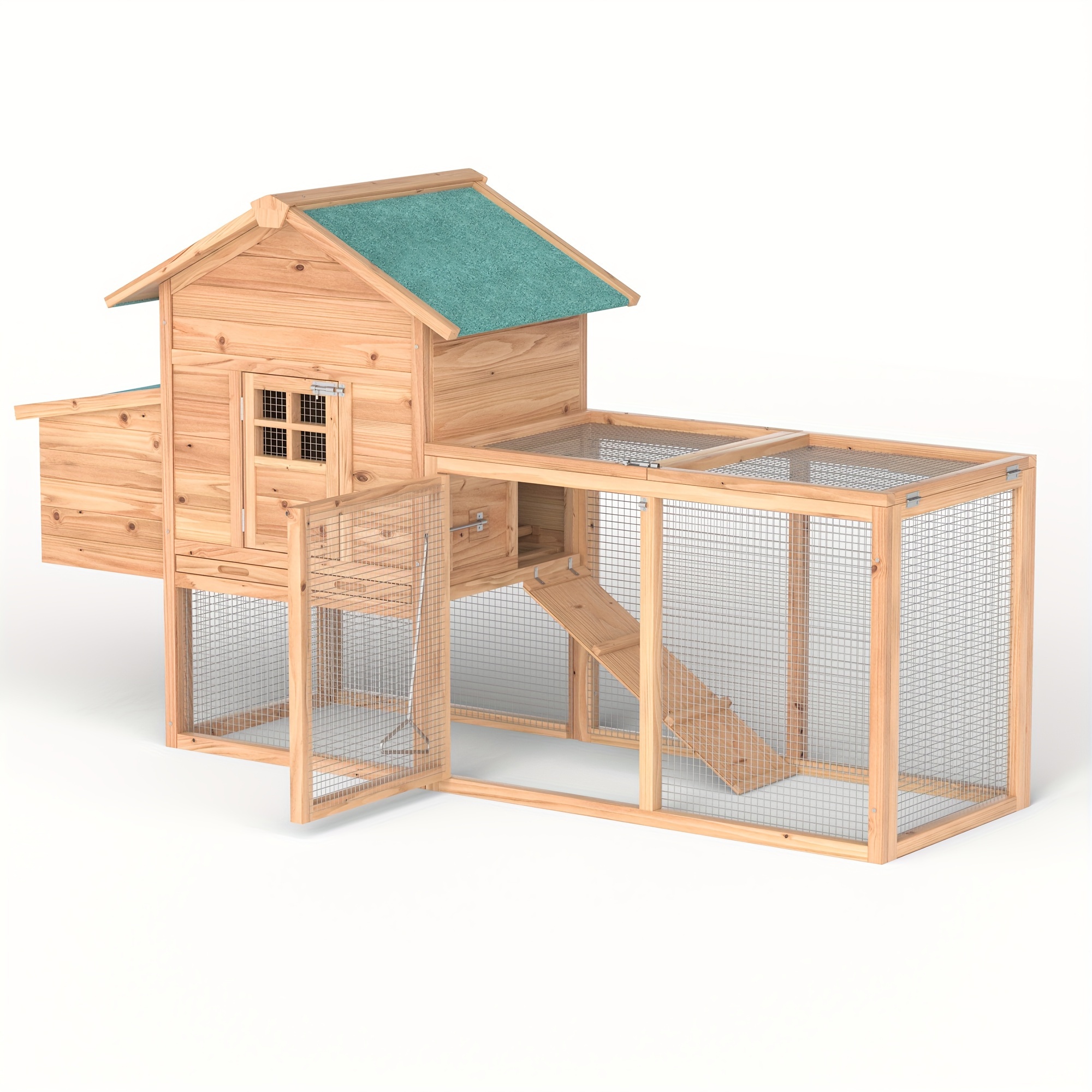 Outdoor Wooden Rabbit Hutch And Chicken Coop Featuring A Run, , And A Roof, Without Battery