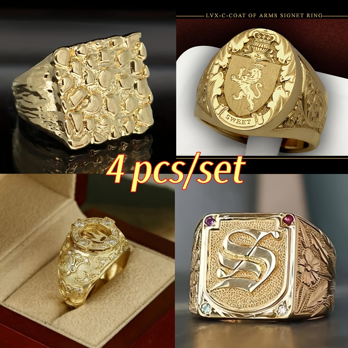 

4-style Setluxury Aristocratic Men's Ring Set - Elegant, High-quality, Comfortable, High-quality Golden-plated Low Allergy Men's Jewelry - Perfect Birthday Gift, Engagement Ring Or Anniversary Gift