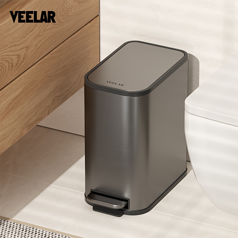 VEELAR 1pc Stainless Steel Trash Can, Small Capacity Household Foot Pedal Trash Bin with Cover, Suitable for Living Room, Bathroom, Bedroomk, Narrow Seam Trash Can, Dog&Cat Pet Poop Small Bin Home Essential with 10 count trash bag/pcs mother's gift