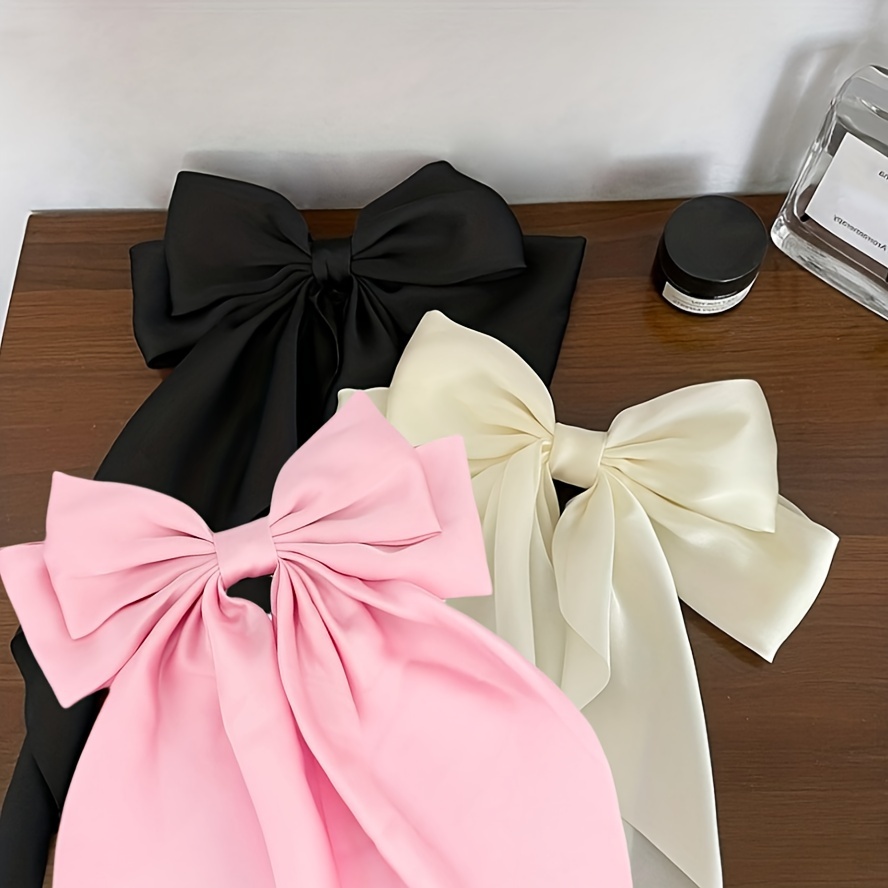 

Vintage 3pcs Set Elegant Large Bow Hair Clips With Long Ribbons - Chic Solid Color Fabric Barrettes For Women And Girls,