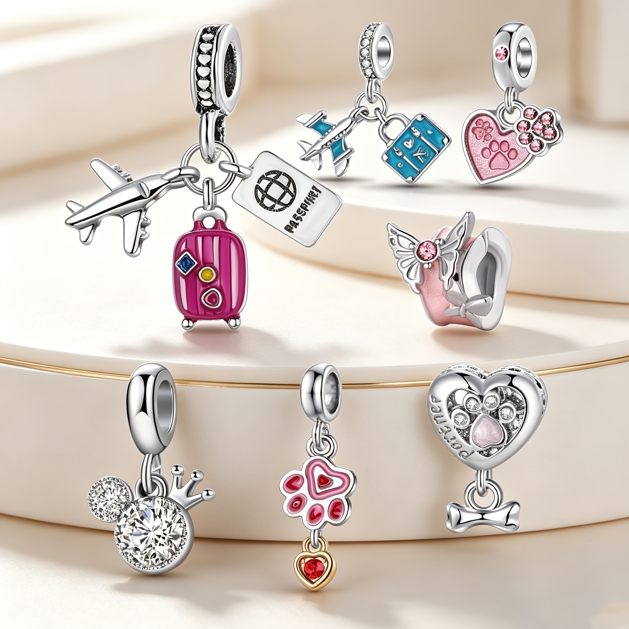 TEMU 7pcs/9pcs Light Luxury , Exquisite Mixed Theme Pendant With Love, Travel, Pet, And Fairy Tale Patterns Set In Enamel And Synthetic Zirconia,