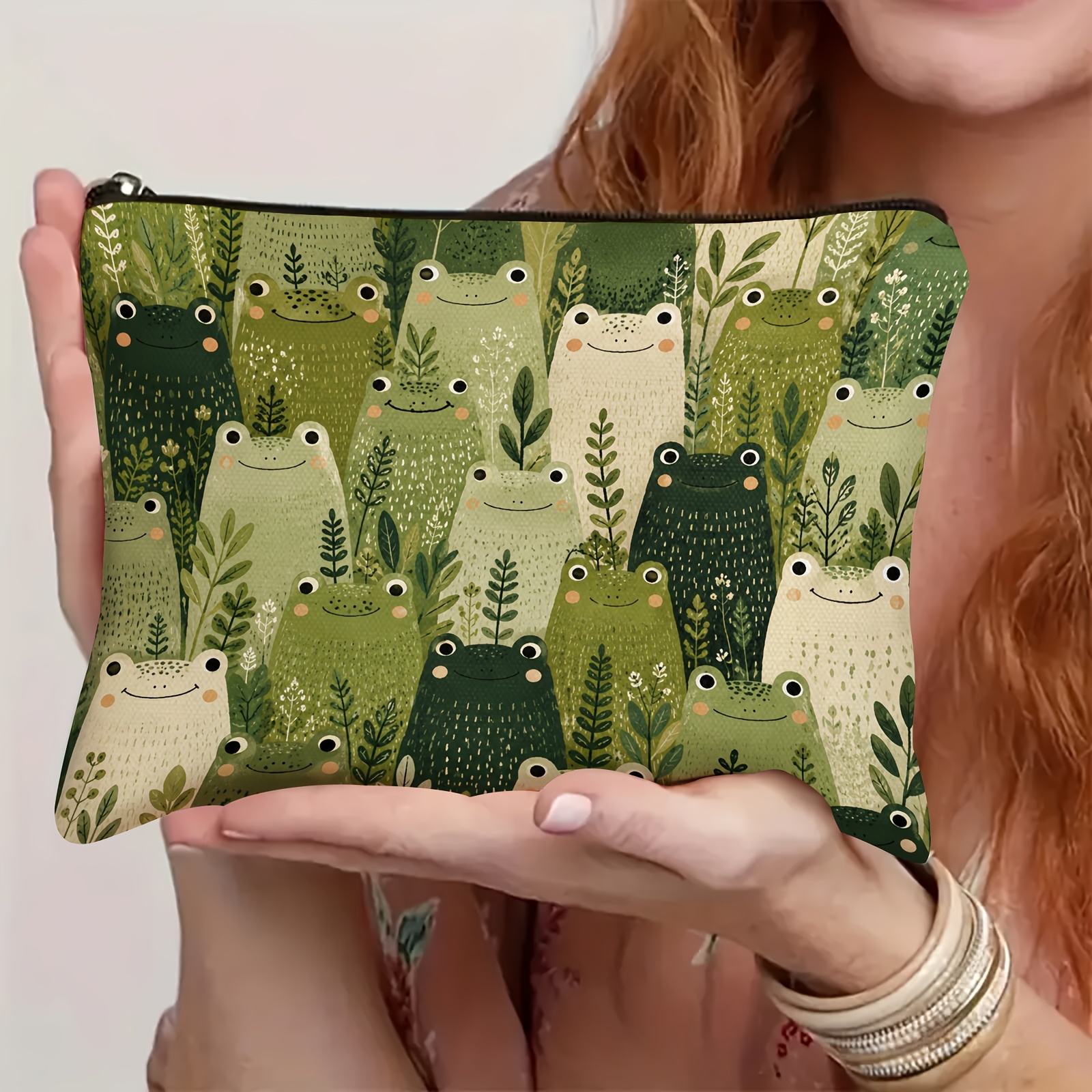 TEMU Cute Forest Frogs Makeup Bag Suitable For - Watercolor & Foliage With Smiling Amphibians, Compact Toiletry For Cosmetics, Jewelry Storage,