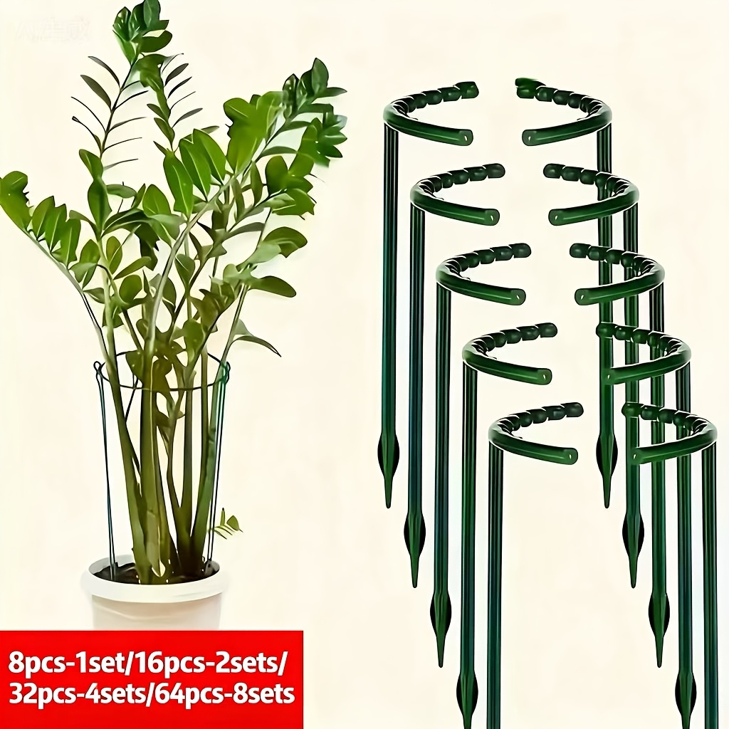 adjustable green plastic plant stakes and cages in sets of 1 2 4 or 8   flexible support   this half circle garden tomato cage and set of green plastic stakes are designed with a fixed height feature