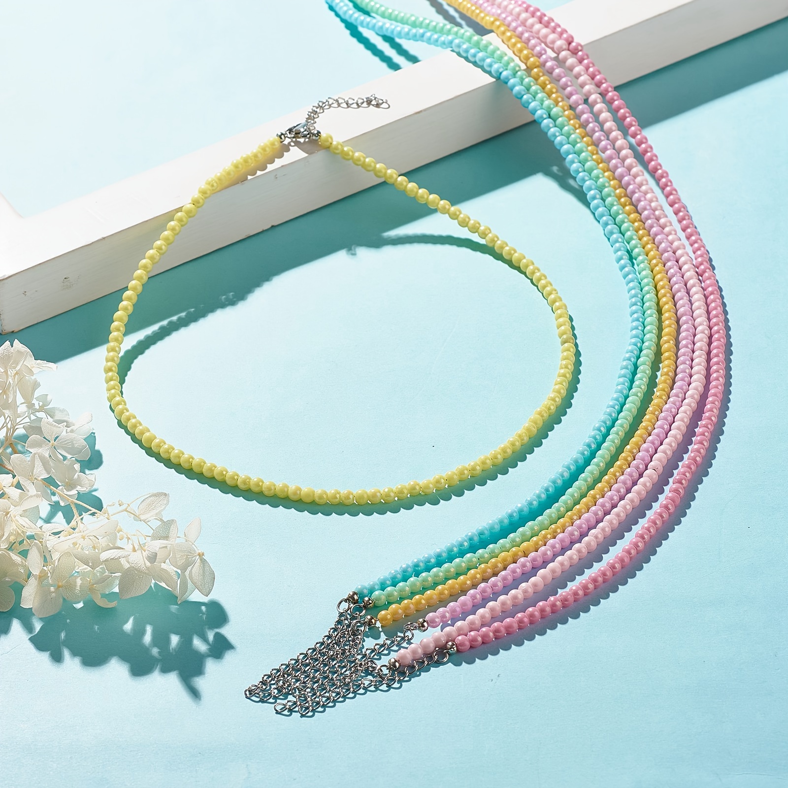 

Boho-chic 7pc Acrylic Beaded Necklace Set For Women - Colorful, Stackable Summer Jewelry With Rivet Details