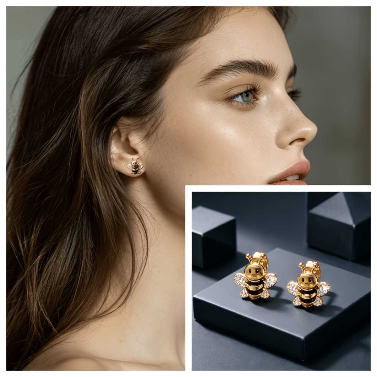 TEMU 1 Pair Of Stylish And Cute High-quality Hypoallergenic Stainless Stud Earrings With Accents, Featuring A Black And Golden Striped Enamel Insect