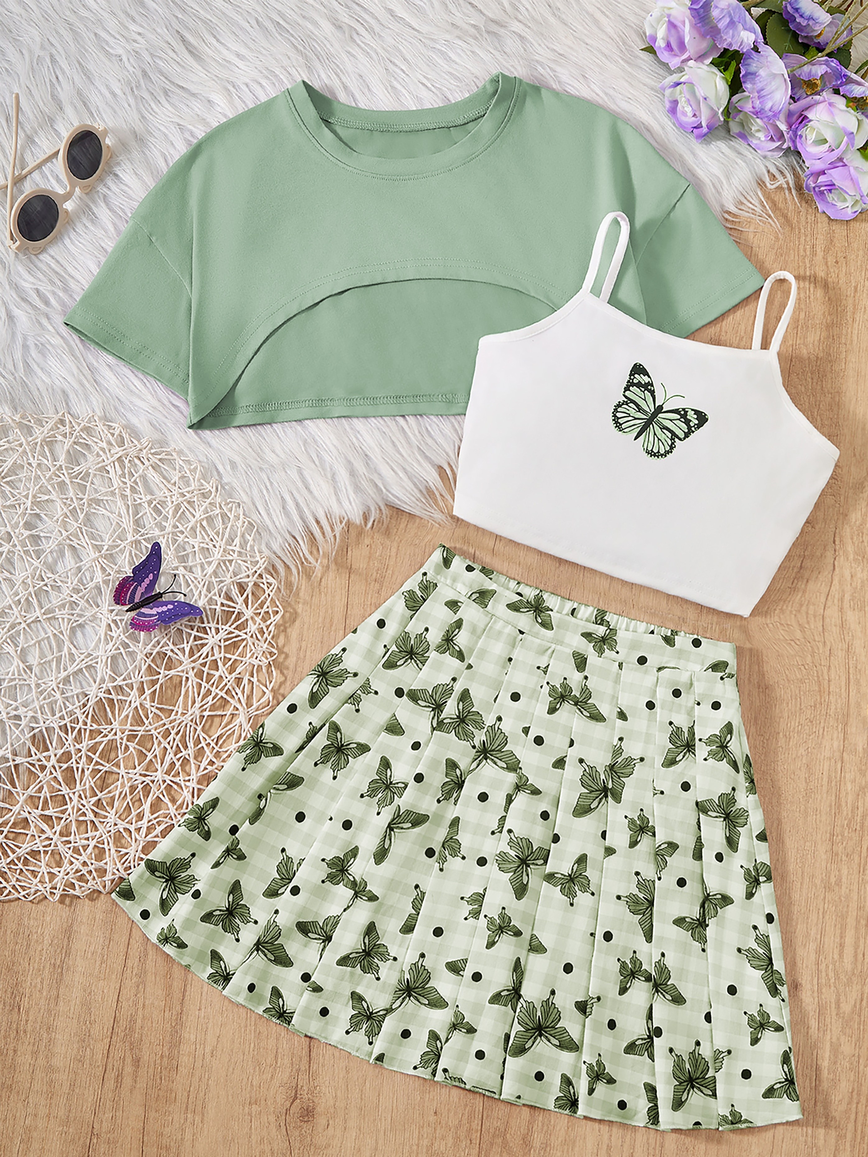 Skirt Cute Short Tops 3pcs, Solid Color Short Sleeve Crop Pattern