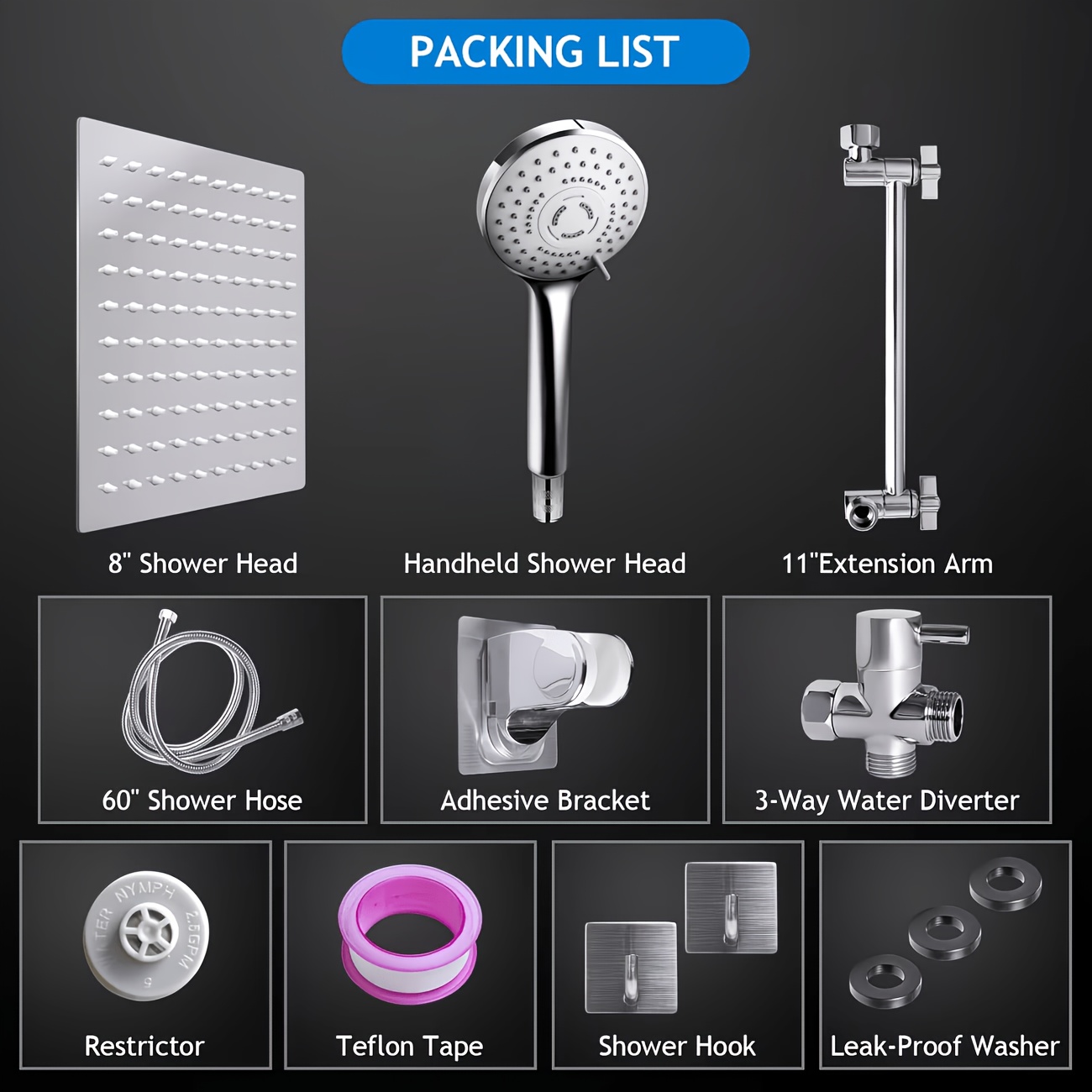 Shower Head, High Pressure Rainfall/Handheld Shower Combo With Extension Arm, 9 Settings, Anti-Leak Shower Head With Holder, Height/Angle Adjustable, Chrome, Matte Black