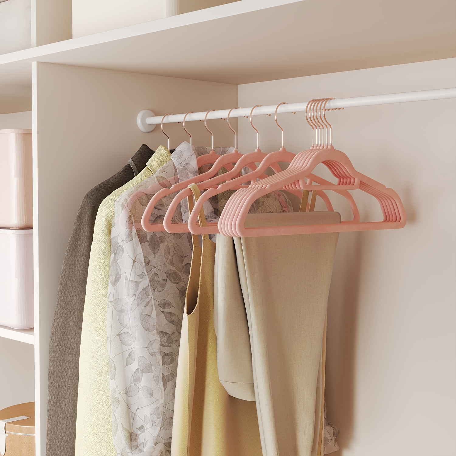 Image of Clothes Hangers Velvet, Set Of 50, Hangers, Non-slip, Small Rod For Ties, 360° Rotating Hook, Space-saving, 43.5cm, Rose Golden-coral Pink