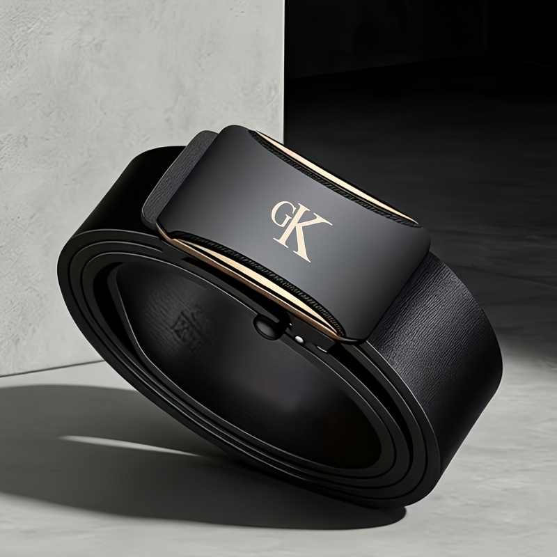 TEMU Gk Pattern Men's Business Belt, A Flexible Black Belt With Embossed Patterns, Features An Alloy Automatic That And Closes And Silently. The